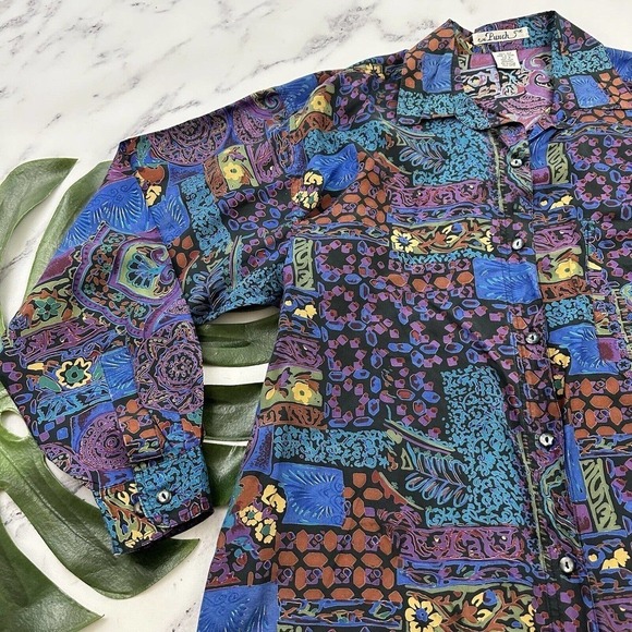 Punch Womens Vintage 90s Silk Oversize Shirt Size M Purple Blue Abstract Floral - Picture 4 of 11